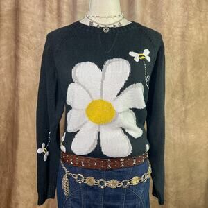 Vintage Daisy Sweater 90s Floral Bumble Bee Knit Black Garden Retro Boho Mod